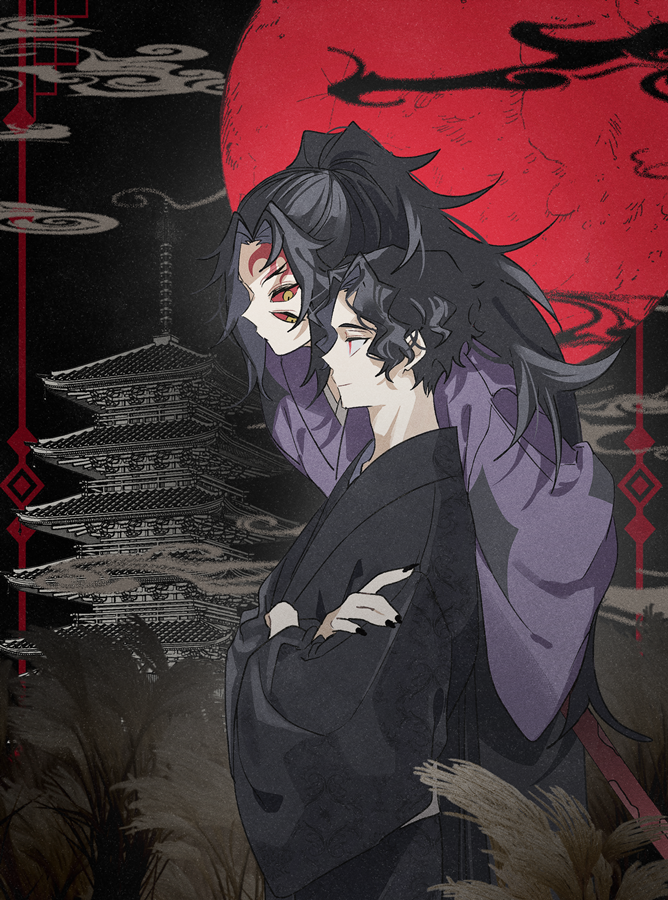 sal gun, kibutsuji muzan, kokushibou, kimetsu no yaiba, 2boys, black hair, black kimono, black nails, colored sclera, crossed arms, curly hair, fingernails, japanese clothes, kimono, long hair, looking at another, male focus, moon, multiple boys, profile, purple kimono, red eyes, red moon, red sclera, short hair, spiked hair, upper body, very long hair, wide sleeves, yellow eyes