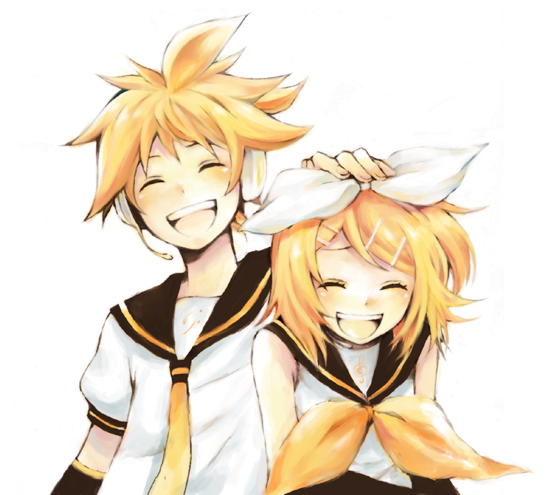 kuwahara souta, so (artist), kagamine len, kagamine rin, vocaloid, bad id, bad pixiv id, 1boy, 1girl, blonde hair, brother and sister, closed eyes, detached sleeves, hair ornament, hair ribbon, hairclip, headphones, laughing, necktie, ribbon, short hair, siblings, twins, yellow necktie