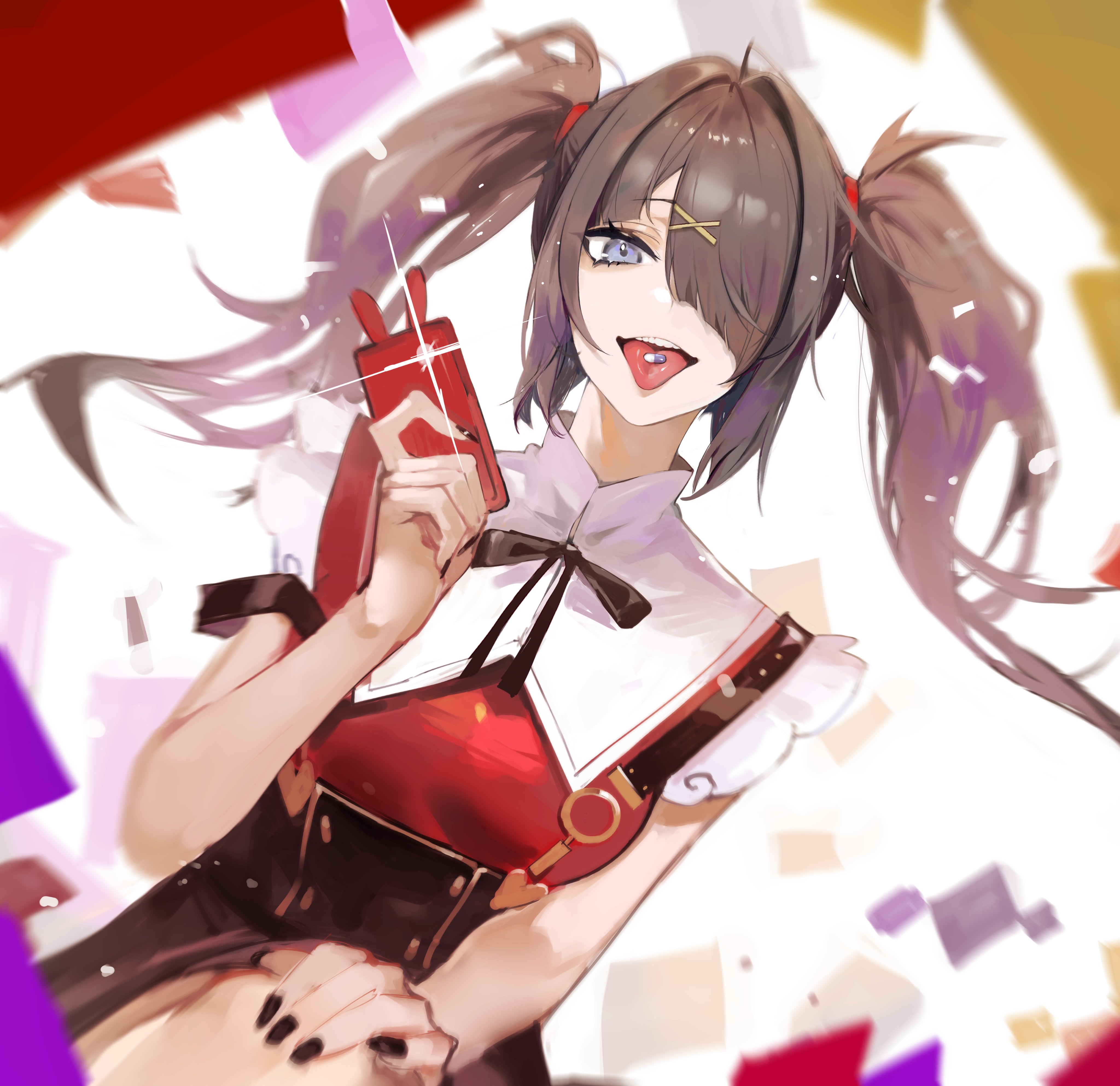 dokuro deluxe, ame-chan (needy girl overdose), needy girl overdose, absurdres, highres, 1girl, :p, black nails, blue eyes, blurry border, capelet, cowboy shot, crossed legs, diagonal bangs, dutch angle, falling paper, glint, hair ornament, hair over one eye, hand on knees, hand up, holding, holding phone, knee up, light particles, looking at viewer, motion blur, neck ribbon, phone, pill on tongue, red shirt, ribbon, shirt, short twintails, sidelocks, skirt, solo, suspender skirt, suspenders, tongue, tongue out, twintails, winged sleeves, x hair ornament