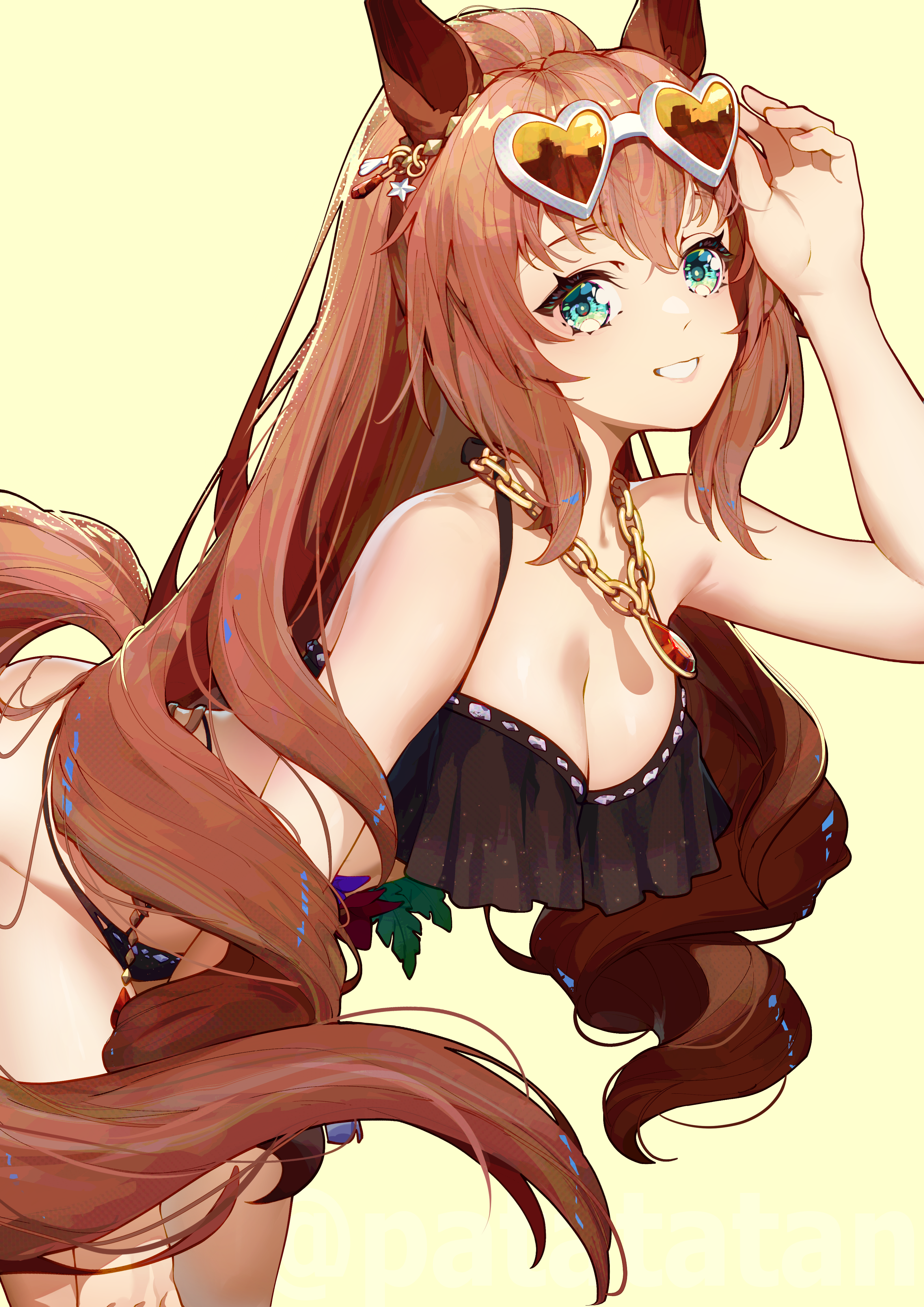 patatatan, maruzensky (hot summer night) (umamusume), maruzensky (umamusume), umamusume, absurdres, commentary, highres, 1girl, adjusting eyewear, animal ears, aqua eyes, bikini, black bikini, breasts, brown hair, brown tail, chain, chain necklace, cleavage, cropped arm, frilled bikini, frills, heart, heart-shaped eyewear, horse ears, horse girl, horse tail, jewelry, large breasts, leaning forward, long hair, looking at viewer, necklace, official alternate costume, official alternate hairstyle, ponytail, simple background, smile, solo, swimsuit, tail, yellow background