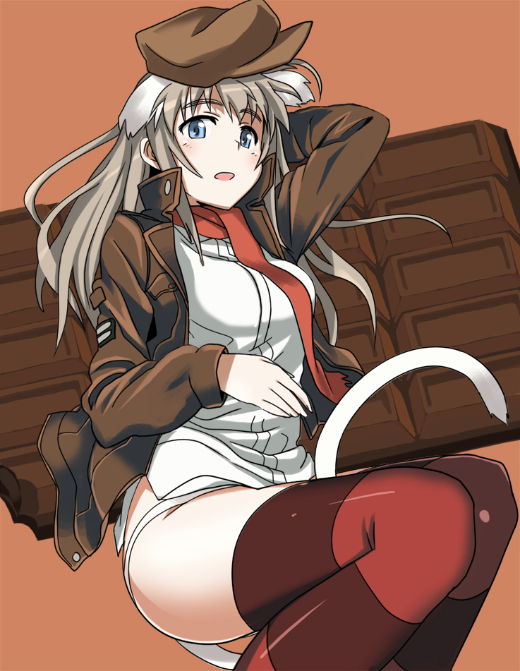 ningen (ningen96), wilma bishop, strike witches, strike witches: katayoku no majo-tachi, world witches series, bad id, bad pixiv id, 00s, 1girl, animal ears, blue eyes, breasts, candy, chocolate, chocolate bar, female focus, food, jacket, large breasts, leather, leather jacket, leatherjacket, long hair, panties, red thighhighs, solo, striped clothes, striped thighhighs, tail, thighhighs, underwear