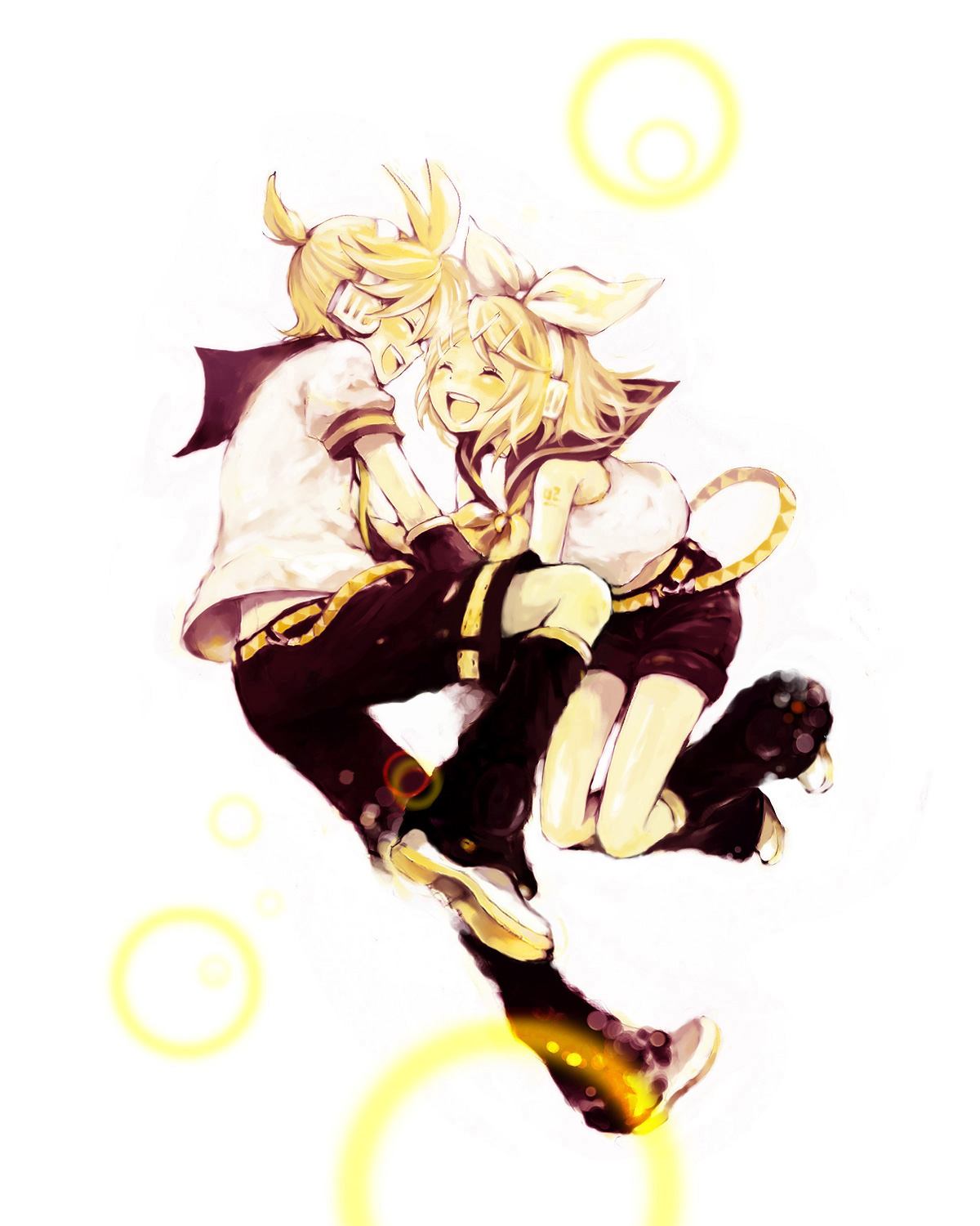 kuwahara souta, so (artist), kagamine len, kagamine rin, vocaloid, bad id, bad pixiv id, highres, md5 mismatch, 1boy, 1girl, blonde hair, brother and sister, detached sleeves, hair ornament, hair ribbon, hairclip, happy, headphones, necktie, ribbon, short hair, shorts, siblings, twins