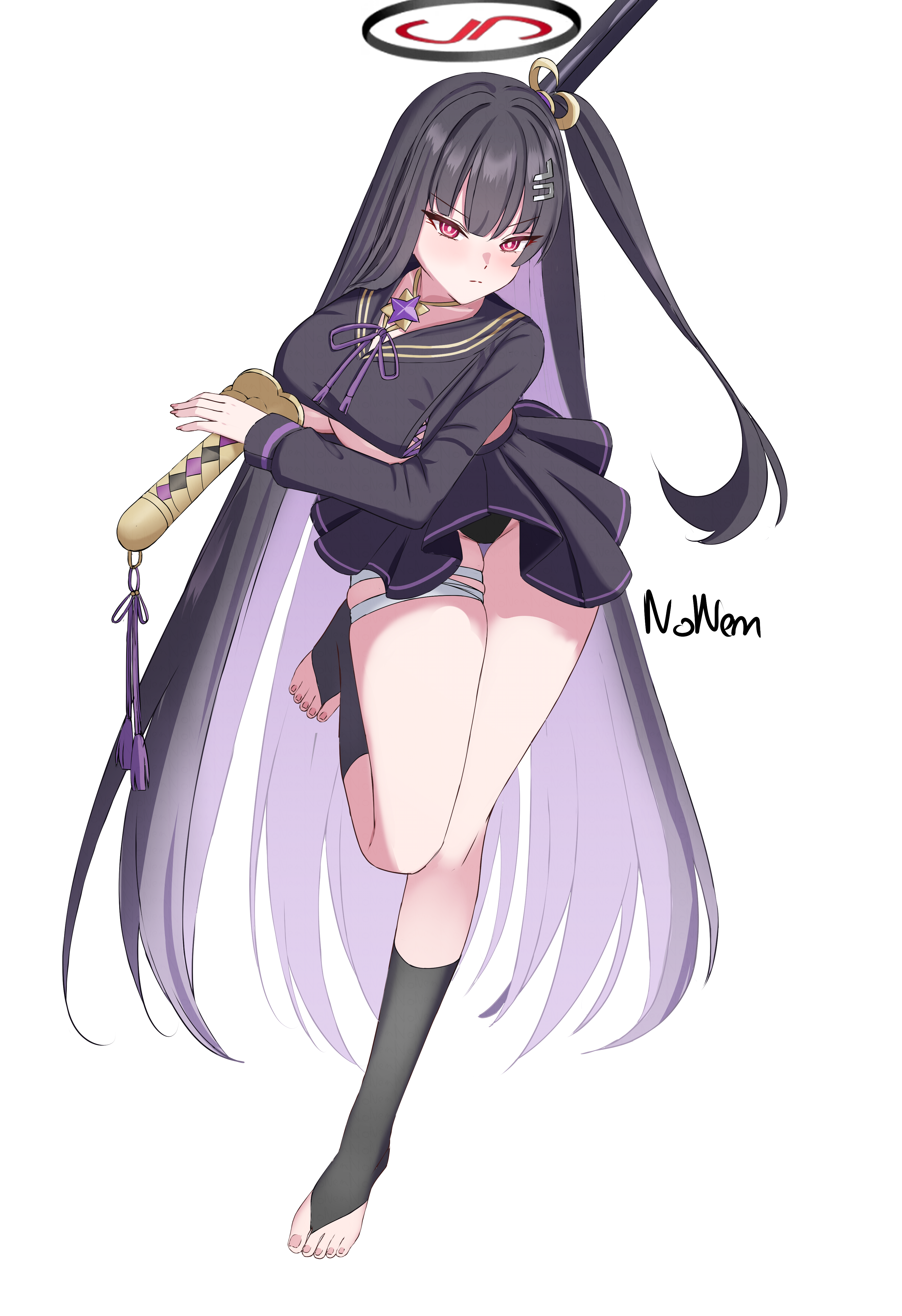 chitose (stella sora), rio (blue archive), blue archive, stella sora, absurdres, highres, bandage on leg, bandage on thigh, bandaged leg, bandages, black hair, black sailor collar, black serafuku, black skirt, black socks, breasts, bright pupils, cleavage, colored inner hair, cosplay, halo, large breasts, long hair, millennium science school logo, multicolored hair, nonem art, one side up, purple hair, purple ribbon, red eyes, ribbon, ringed eyes, sailor collar, school uniform, serafuku, skirt, socks, sword, very long hair, weapon, white background, white pupils