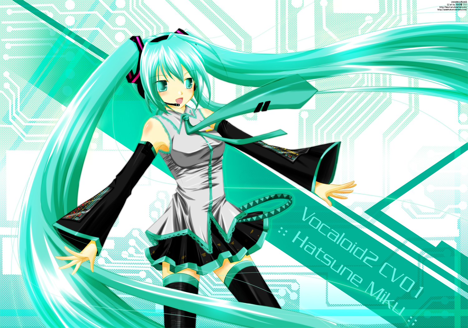 hatsune miku, vocaloid, vocaloid2, artist request, tagme, 1girl, bare shoulders, detached sleeves, female focus, headphones, long hair, necktie, solo, twintails, very long hair