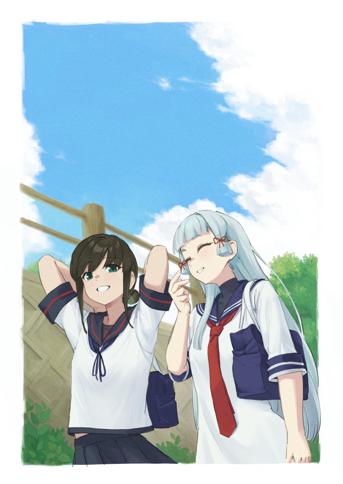 youryokuso (chlorophyll), fubuki (kancolle), fubuki kai ni (kancolle), murakumo (kancolle), kantai collection, highres, 2girls, bag, black hair, black sailor collar, black skirt, blue neckerchief, blue sky, blunt bangs, blunt tresses, closed eyes, cloud, day, dress, green eyes, grey hair, hair ribbon, long hair, low ponytail, multiple girls, neckerchief, outdoors, parted lips, pleated skirt, ponytail, railing, ribbon, sailor collar, sailor dress, school bag, school uniform, serafuku, short ponytail, skirt, sky, smile, tress ribbon, upper body