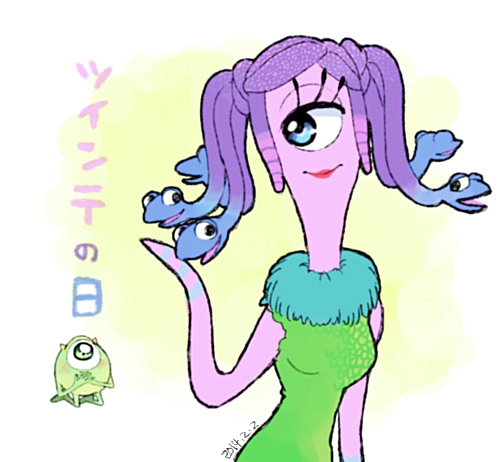 yokotn, celia mae, mike wazowski, monsters inc., lowres, 1boy, 1girl, animification, cyclops, dress, horns, living hair, monster, no humans, one-eyed, purple hair, short hair, sleeveless, sleeveless dress, smile, snake hair, teeth