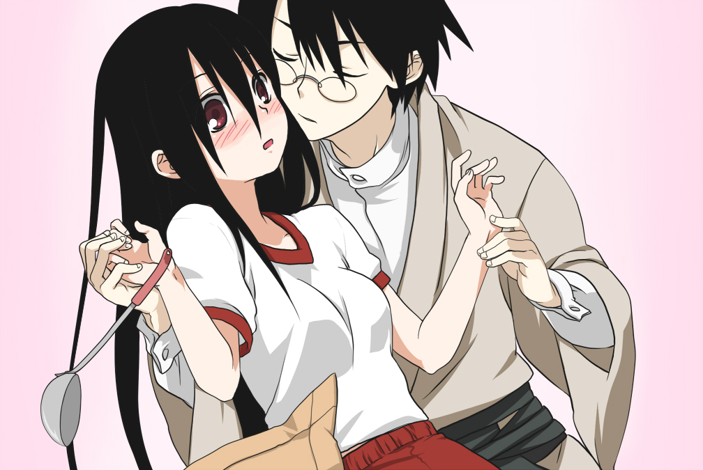 ekra, itoshiki nozomu, komori kiri, sayonara zetsubou sensei, 00s, 1boy, 1girl, black hair, blush, glasses, gym uniform, japanese clothes, long hair