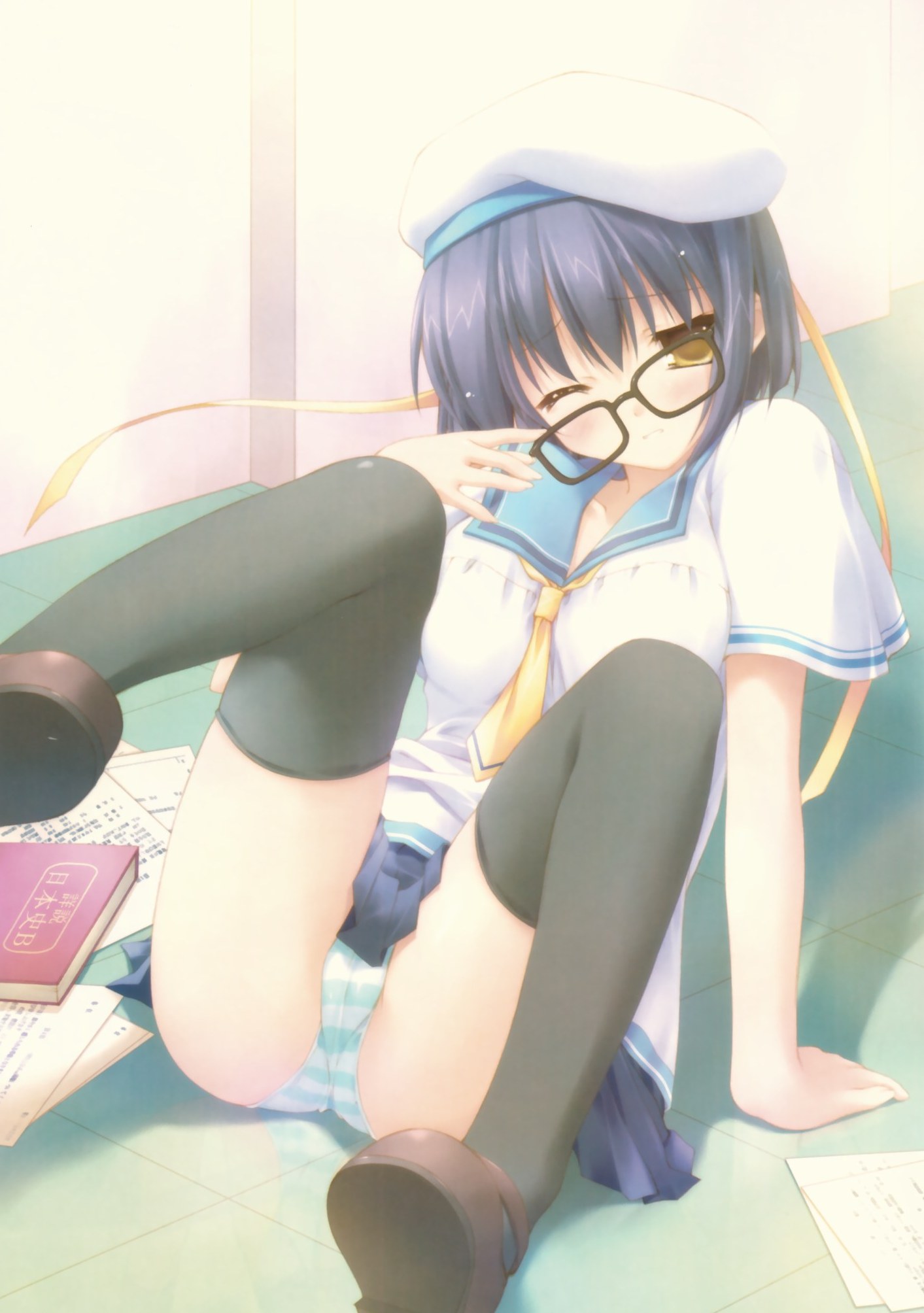 chikotam, ascii media works, dengeki daiou, original, highres, non-web source, 1girl, adjusting eyewear, blue hair, book, cameltoe, crooked eyewear, fallen down, female focus, glasses, hat, necktie, one eye closed, panties, pantyshot, ribbon, school uniform, serafuku, solo, striped clothes, striped panties, thighhighs, underwear, wink, yellow eyes