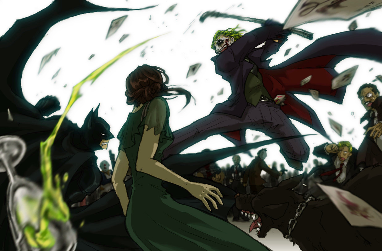 amatera, batman, bruce wayne, commissioner jim gordon, harvey dent, james gordon, rachel dawes, the joker, batman (series), dc comics, the dark knight, 1girl, 6+boys, animification, battle, belt, blonde hair, broken glass, brown hair, buckle, cape, card, chain, clenched hand, clenched teeth, coat, crazy eyes, crazy smile, cup, dog, dress, drinking glass, epic, floating card, formal clothes, glass, glasses, king (playing card), lead pipe, mask, multiple boys, necktie, playing card, police, smile, teeth, wine glass