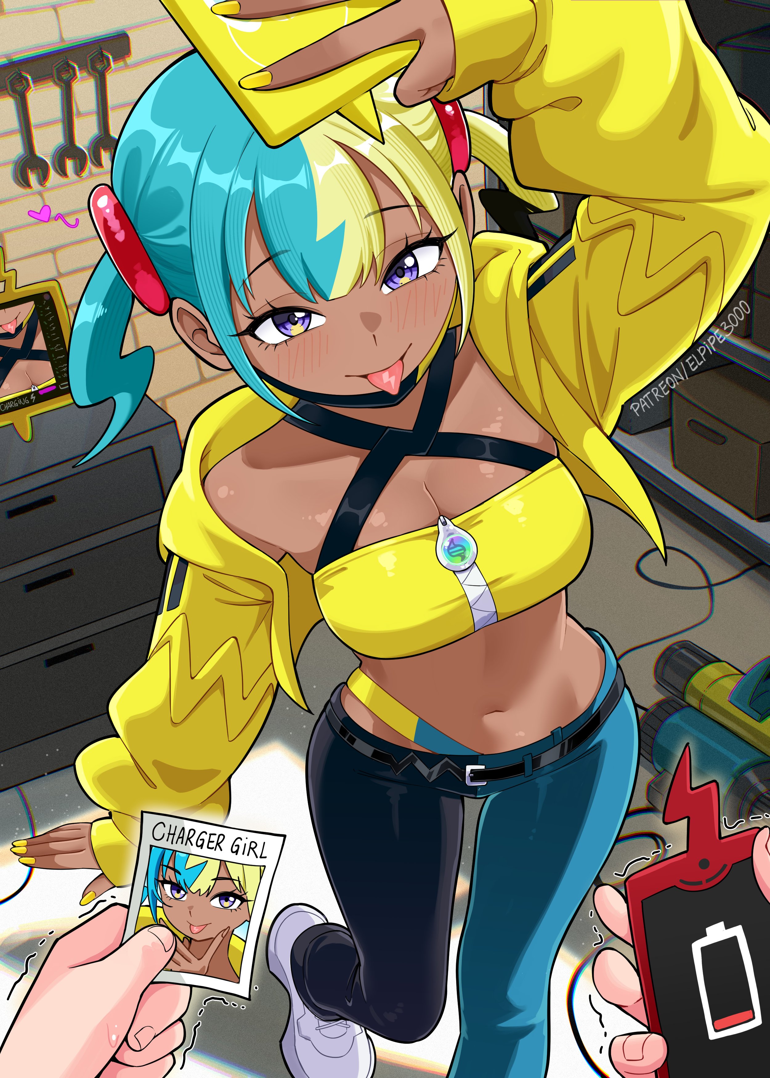 elpipe 3000, canari (pokemon), rotom, rotom phone, nintendo, pokemon, pokemon legends: z-a, absurdres, commentary, english commentary, highres, 1girl, aqua hair, bandeau, battery indicator, belt, black belt, black mask, black pants, blonde hair, blue eyes, blush, breasts, cleavage, closed mouth, criss-cross straps, dark-skinned female, dark skin, english text, garage, gen 4 pokemon, heart, holding, holding phone, jacket, large breasts, long sleeves, looking at viewer, mask, mask pull, mega stone, mouth mask, multicolored hair, navel, pants, phone, photo (object), pov, pov hands, selfie, shoes, short twintails, smile, solo focus, split-color hair, sports bra, tongue, tongue out, twintails, two-tone hair, two-tone mask, two-tone pants, white pants, wrench, yellow bandeau, yellow jacket, yellow mask, yellow nails, yellow sports bra