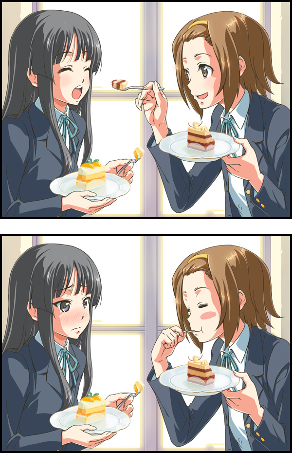 nishiwaki, akiyama mio, tainaka ritsu, k-on!, md5 mismatch, 00s, black eyes, black hair, blush, brown eyes, brown hair, cake, comic, eating, feeding, food, fork, hairband, long hair, pastry, school uniform, short hair, silent comic, teasing, tomboy