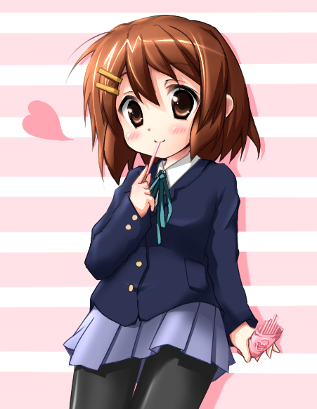karaage3, hirasawa yui, k-on!, 00s, 1girl, brown eyes, brown hair, female focus, food, pantyhose, pocky, school uniform, short hair, solo