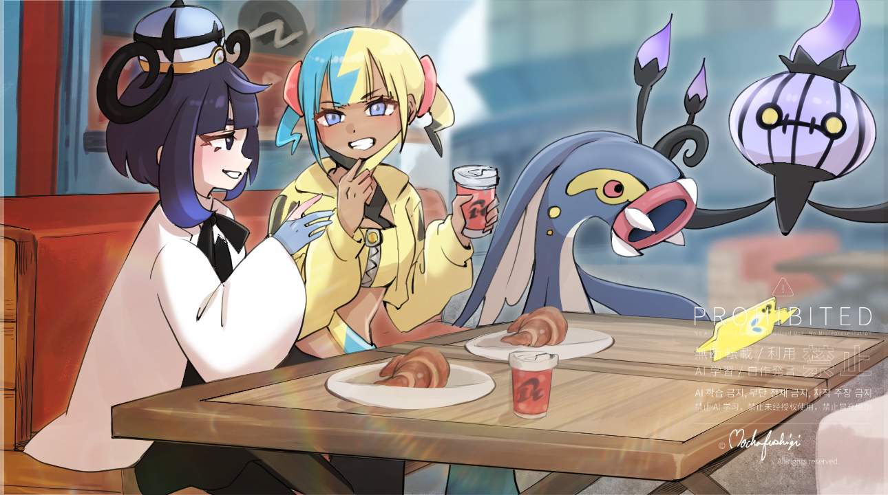 mocha fushigi, canari (pokemon), chandelure, eelektross, gwynn (pokemon), nintendo, pokemon, pokemon legends: z-a, commentary request, 2girls, black dress, black ribbon, blue eyes, coat, croissant, cup, disposable cup, dress, eyelashes, food, gen 5 pokemon, gloves, grin, hand up, hat, holding, holding cup, jacket, mask, mask pull, mouth mask, multicolored hair, multiple girls, neck ribbon, partially fingerless gloves, pokemon (creature), ribbon, short twintails, signature, sitting, smile, table, teeth, twintails, watermark, white coat, yellow jacket, zipper, zipper pull tab