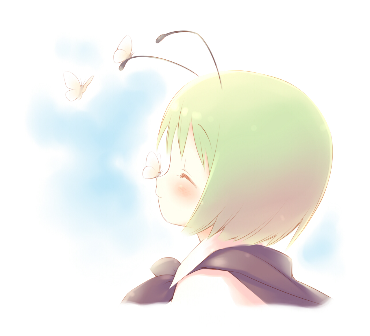 gayarou, wriggle nightbug, touhou, 1girl, antennae, blush, border, bug, butterfly, fading border, female focus, green hair, portrait, profile, short hair, smile, solo