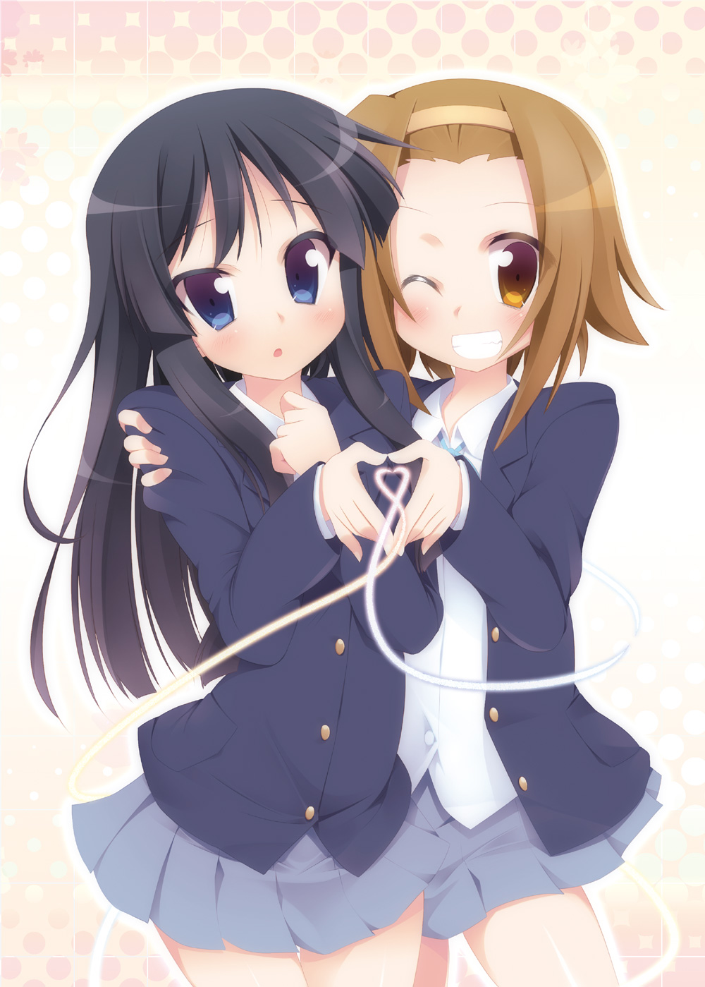 hoppege, akiyama mio, tainaka ritsu, k-on!, highres, 00s, 2girls, black hair, blue eyes, brown eyes, brown hair, grin, hairband, heart, heart hands, heart hands duo, heart in heart hands, long hair, multiple girls, one eye closed, school uniform, short hair, smile, symmetrical hand pose, tomboy, wink