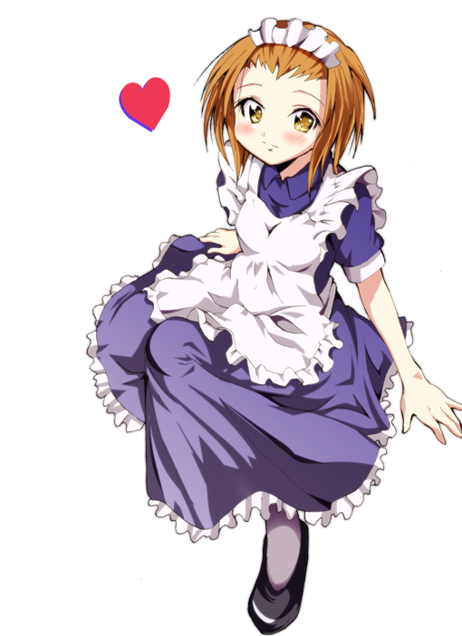 high trap, tainaka ritsu, k-on!, bad id, bad pixiv id, 00s, 1girl, alternate costume, brown eyes, brown hair, enmaided, female focus, full body, heart, maid, pantyhose, short hair, simple background, solo, tomboy, white background