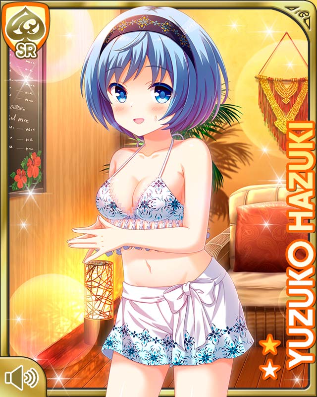 qp:flapper, hazuki yuzuko, girlfriend (kari), official art, tagme, 1girl, bare arms, bare legs, barefoot, blue eyes, blue hair, bra, card, character name, day, indoors, midriff, navel, open mouth, short hair, shorts, smile, solo, spa, standing, underwear, white bra, white shorts