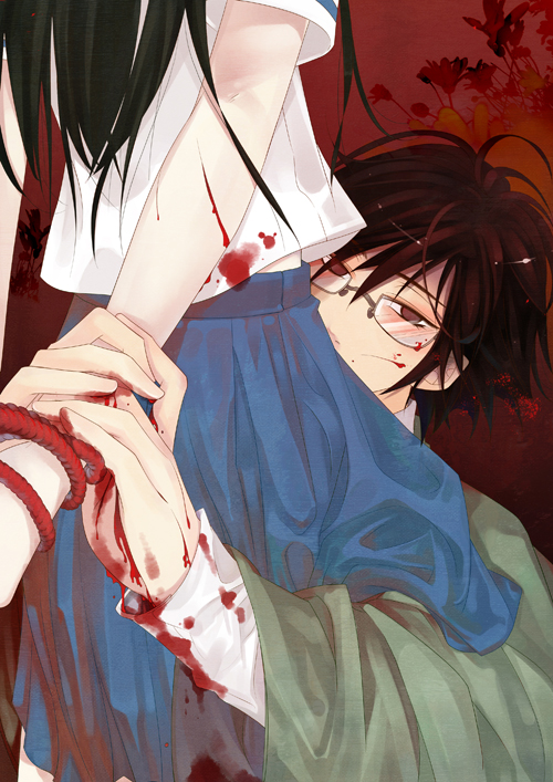 oe-eo, itoshiki nozomu, kitsu chiri, sayonara zetsubou sensei, 00s, 1boy, 1girl, bdsm, black hair, blood, bondage, bound, cuts, flower, glasses, injury, rope