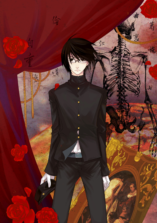 oe-eo, itoshiki nozomu, sayonara zetsubou sensei, 00s, 1boy, black hair, flower, gakuran, glasses, gloves, hat, male focus, rose, school uniform, skeleton, solo