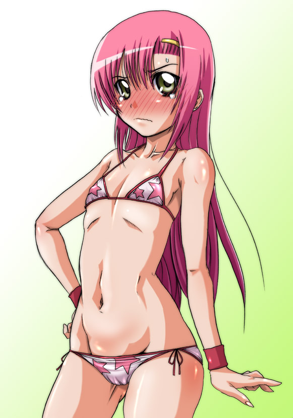 hirokawa kouichirou, katsura hinagiku, hayate no gotoku!, 00s, 1girl, bikini, blush, cameltoe, female focus, flat chest, green eyes, groin, long hair, lowleg, lowleg bikini, pink hair, solo, string bikini, swimsuit, wristband