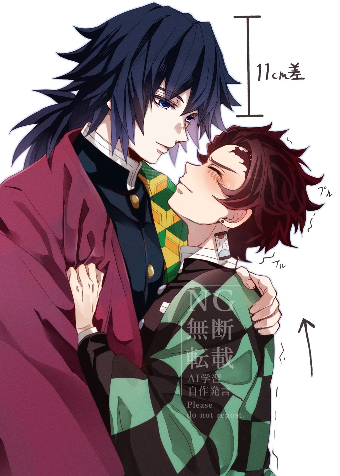 kanda faf2, kamado tanjirou, tomioka giyuu, kimetsu no yaiba, commentary request, highres, translation request, 2boys, black hair, black jacket, blue eyes, blush, brown hair, buttons, checkered haori, closed mouth, demon slayer uniform, earrings, english text, gold buttons, hanafuda earrings, haori, high collar, jacket, japanese clothes, jewelry, kikkoumon, light smile, long hair, low ponytail, male focus, multiple boys, ponytail, print haori, red haori, simple background, spiked hair, watermark, white background, yaoi