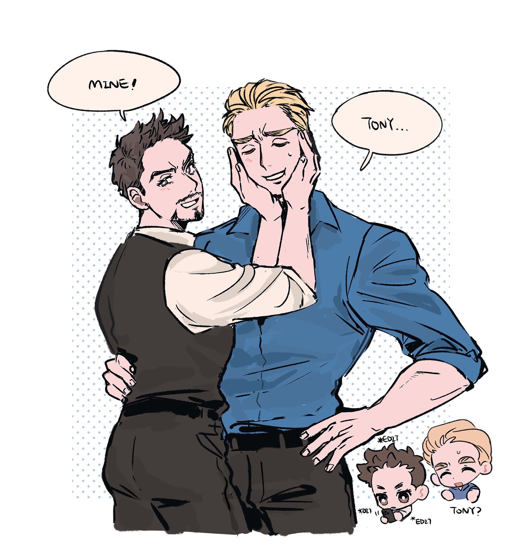 steve rogers, tony stark, avengers (series), marvel, chinese commentary, commentary request, highres, 2boys, animification, belt, black belt, black pants, black vest, blonde hair, blue shirt, border, brown eyes, brown hair, cellphone, closed eyes, closed mouth, collared shirt, english text, facial hair, fingernails, from behind, hand around waist, hand on own hip, hands on another's face, hands up, holding, holding phone, kacha0404, long sleeves, looking at phone, looking at viewer, male focus, multiple boys, multiple views, open mouth, outside border, pants, phone, polka dot, polka dot background, shirt, short hair, sleeves rolled up, smartphone, smile, speech bubble, sweatdrop, teeth, vest, white background, white border, white shirt, yaoi