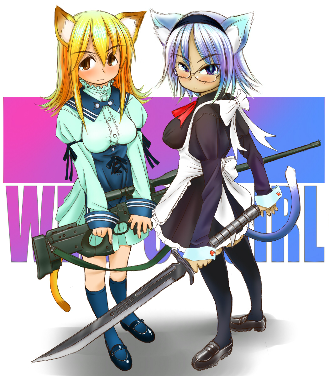 retsumaru, original, silver hair, bad id, bad pixiv id, highres, 2girls, ai arctic warfare, animal ears, blonde hair, bolt action, brown eyes, cat ears, cat tail, dress, glasses, gun, kneehighs, legs, multiple girls, purple eyes, rifle, short hair, slit pupils, sniper rifle, socks, sword, tail, thighhighs, weapon