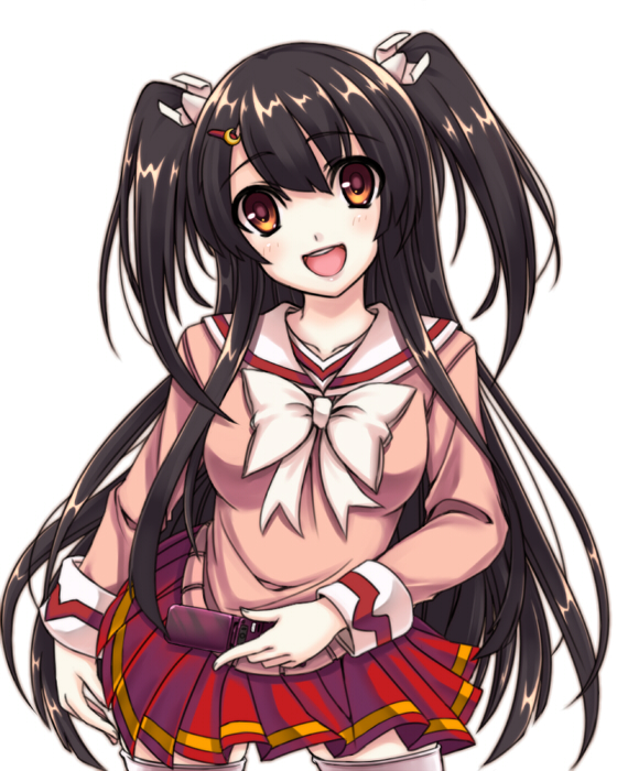kaguyahime, houraisan kaguya, touhou, 1girl, :d, alternate costume, alternate hairstyle, black hair, bow, cellphone, contemporary, female focus, hair ornament, long hair, open mouth, phone, school uniform, serafuku, skirt, smile, solo, thighhighs, twintails, very long hair, zettai ryouiki
