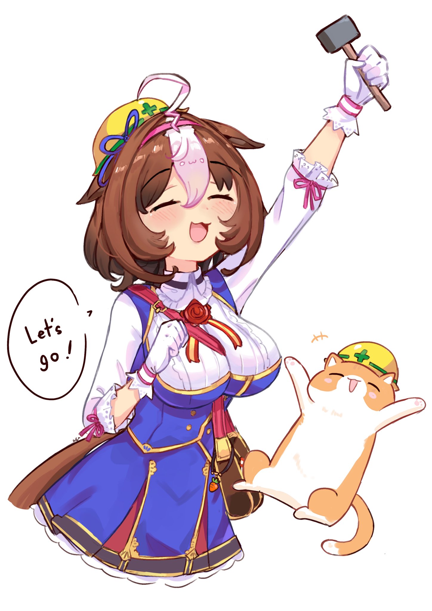 ukichan22905846, meisho doto (turbulent blue) (umamusume), meisho doto (umamusume), meto (cat), umamusume, highres, 1girl, ahoge, animal ears, bag, between breasts, blue dress, blush, bow, breasts, brown hair, carrot charm, cat, closed mouth, double-parted bangs, dress, ear ribbon, english text, gloves, hair between eyes, hairband, hammer, hard hat, headband, helmet, holding, holding hammer, horse ears, horse girl, horse tail, large breasts, long sleeves, medium hair, multicolored hair, open mouth, pink hairband, pink headband, short hair, shoulder bag, simple background, smile, speech bubble, strap between breasts, tail, two-tone hair, white background, white dress, white gloves, white hair, yellow helmet