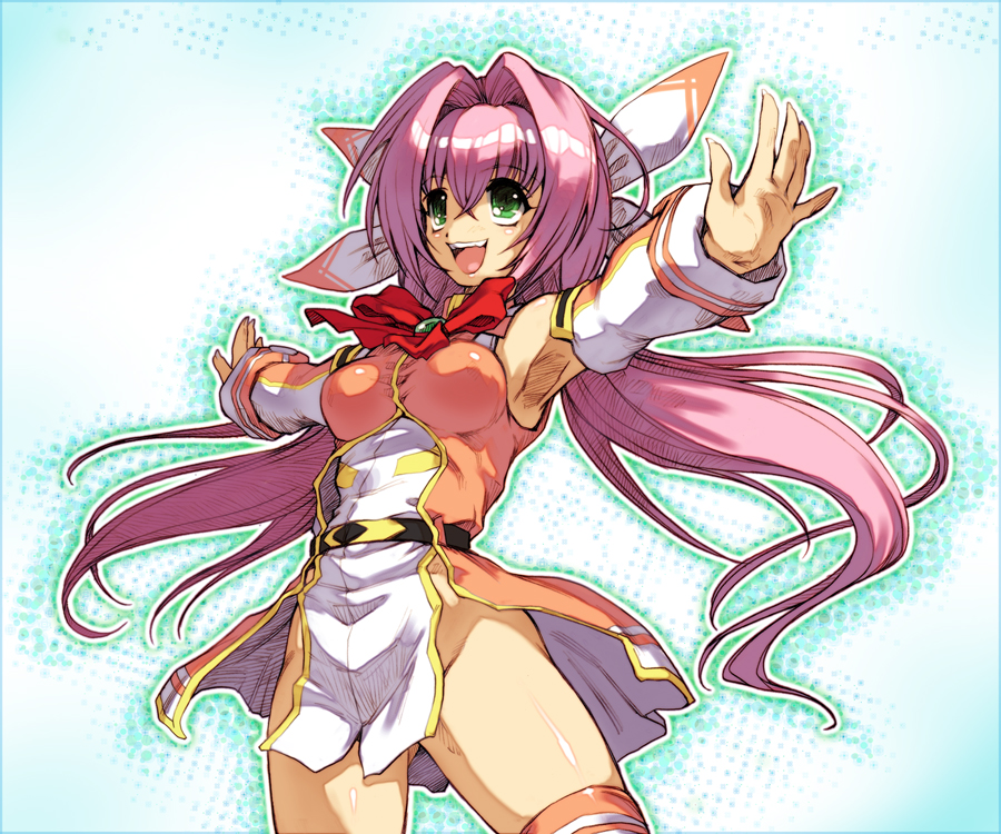 hisahiko, seto sakuya, banpresto, super robot gakuen, super robot wars, 1girl, armpits, female focus, green eyes, long hair, open mouth, outstretched arms, pink hair, solo, spread arms, very long hair