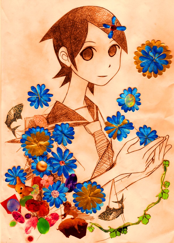 seishoku fuoto, fuura kafuka, sayonara zetsubou sensei, bad id, bad pixiv id, 00s, 1girl, female focus, fish, hair ornament, monochrome, orange theme, school uniform, sepia, serafuku, sketch, solo