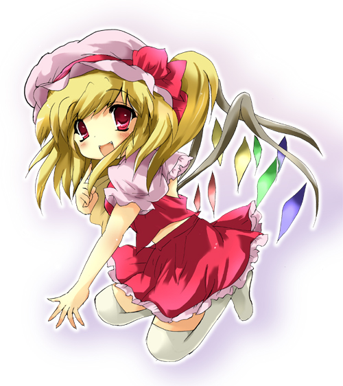 yuzuyunagi, flandre scarlet, touhou, 1girl, blonde hair, blouse, female focus, full body, gradient background, hat, mob cap, pink hat, pink shirt, shirt, solo, thighhighs, white background, white thighhighs, wings
