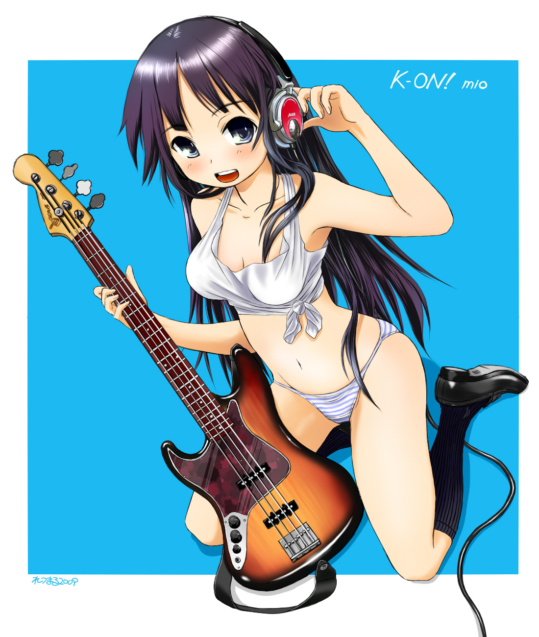 retsumaru, akiyama mio, k-on!, highres, 00s, 1girl, bass guitar, black eyes, black hair, bottomless, breasts, female focus, full body, headphones, instrument, kneehighs, legs, long hair, no pants, panties, socks, solo, striped clothes, striped panties, underwear