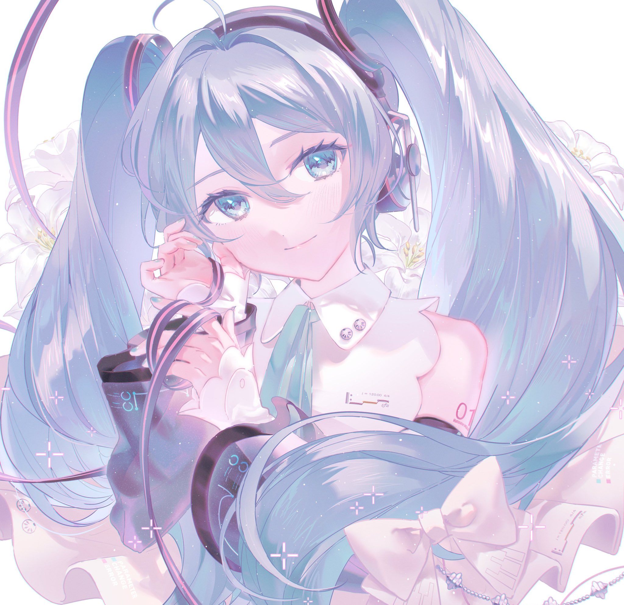 hamuna (hamuna 86), hatsune miku, hatsune miku (nt), vocaloid, highres, 1girl, ahoge, aqua eyes, aqua hair, aqua nails, aqua necktie, arm tattoo, black ribbon, bow, closed mouth, collared shirt, detached sleeves, hair between eyes, hair ornament, hair ribbon, headset, long hair, long sleeves, necktie, number tattoo, ribbon, shirt, smile, solo, tattoo, twintails, very long hair, white bow, white shirt, wide sleeves