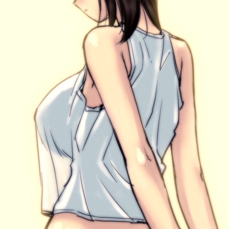 magaki ryouta, original, 1girl, arms behind back, bare shoulders, black hair, breasts, brown hair, female focus, from behind, head out of frame, huge breasts, large breasts, long hair, see-through clothes, shirt, short hair, solo