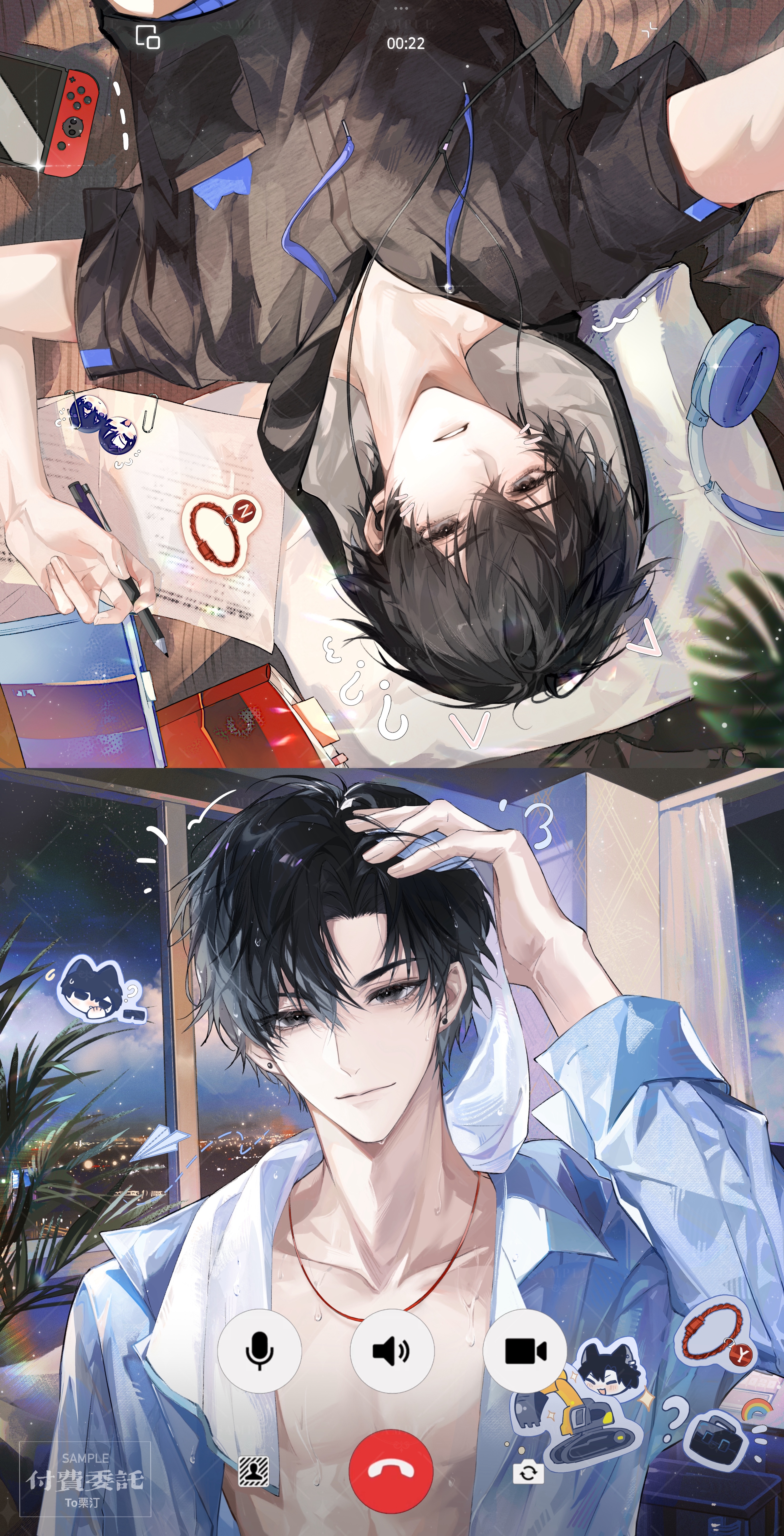 nidexintu, xie yu, absurdres, chinese commentary, highres, 2boys, bishounen, black eyes, black hair, black hoodie, black nails, black shirt, blue shirt, book, chibi, chibi inset, cityscape, closed mouth, collarbone, collared shirt, curtains, earphones, earrings, fake screenshot, glint, grey eyes, hair between eyes, hand on own head, hand up, he zhao, headphones, holding, holding pen, holding towel, hood, hood up, hoodie, implied yaoi, indoors, jewelry, leaf, light particles, long sleeves, looking at viewer, lying, male focus, multiple boys, necklace, night, nintendo switch, on back, on floor, open book, open clothes, open mouth, open shirt, parted lips, pectoral cleavage, pectorals, pen, phone, pillow, plant, potted plant, shirt, short hair, short sleeves, sky, smile, split screen, towel, upper body, upside-down, watermark, weizhuang xuezha, wet, wet hair, white shirt, window, wiping, wooden floor, yaoi