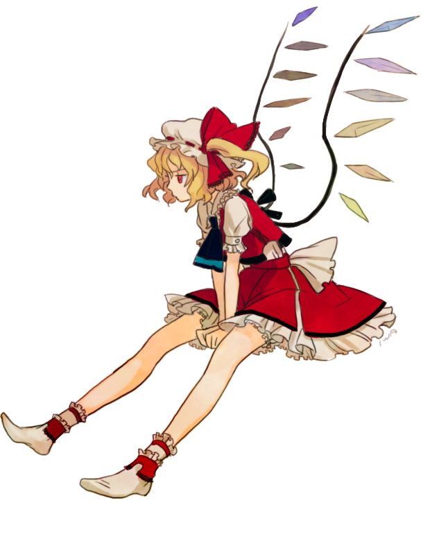 iwamoto zerogo, flandre scarlet, touhou, frilled legwear, 1girl, blonde hair, blouse, collared shirt, feet, female focus, from side, hat, legs, mob cap, ribbon, shirt, solo, white hat, white shirt, wings