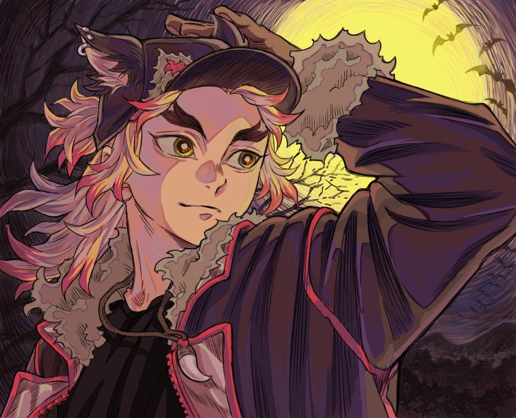 rengoku kyoujurou, kimetsu no yaiba, 1boy, alternate costume, animal hat, anjatvtho9mk5sb, black hat, black jacket, blonde hair, bright pupils, brown gloves, closed mouth, fur-trimmed jacket, fur trim, gloves, hat, jacket, long hair, male focus, multicolored eyes, multicolored hair, open clothes, open jacket, red eyes, red hair, smile, solo, two-tone eyes, two-tone hair, upper body, white pupils, yellow eyes