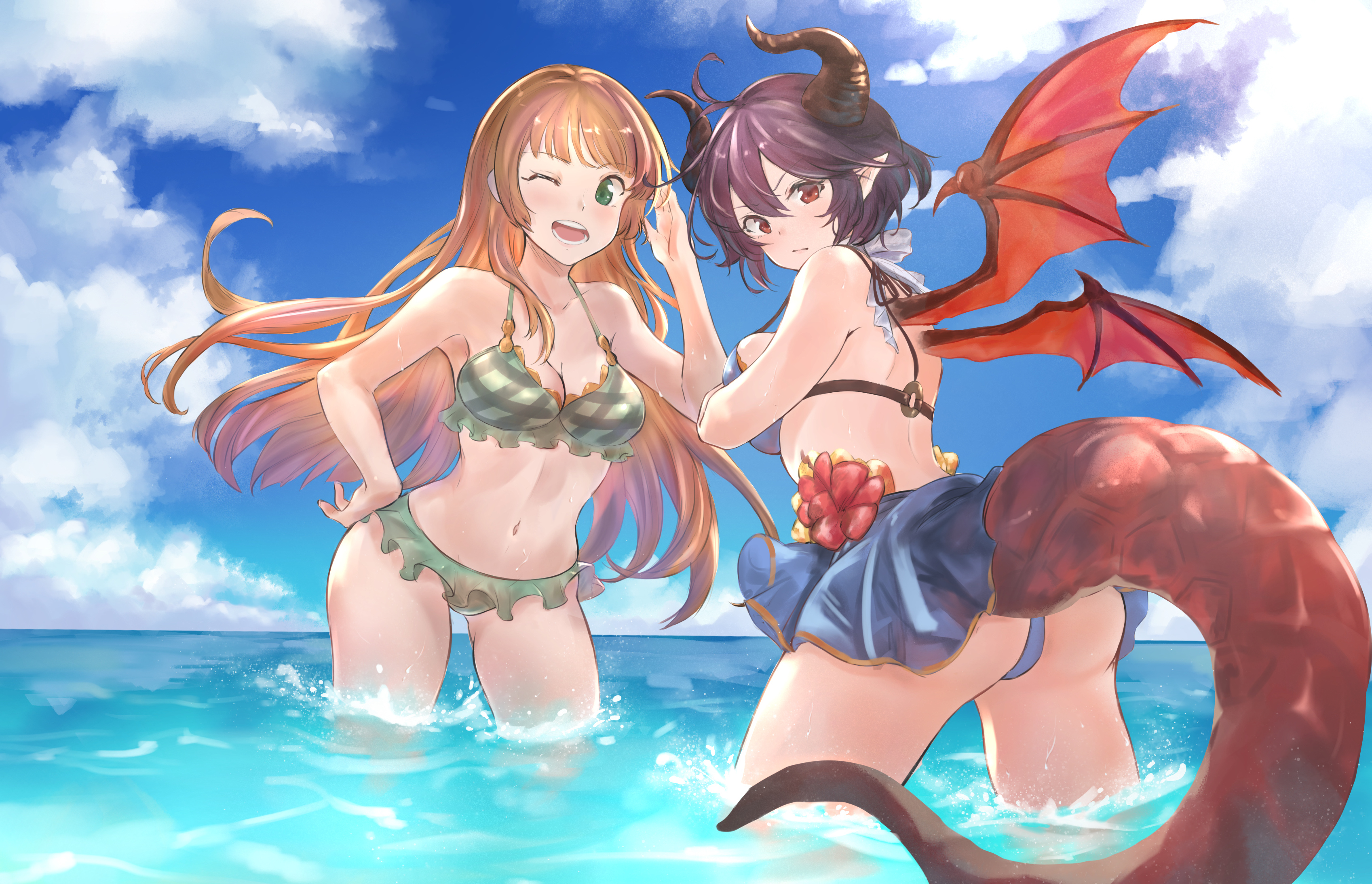 renzu (lens 02), anne (shingeki no bahamut), grea (shingeki no bahamut), grea (summer) (shingeki no bahamut), manaria friends, shingeki no bahamut, absurdres, commentary request, highres, 2girls, ahoge, beach, bikini, bikini skirt, black choker, blue bikini, breasts, brown eyes, brown hair, choker, cleavage, collarbone, dragon girl, dragon horns, dragon tail, dragon wings, flower, green bikini, green eyes, hair between eyes, horns, looking at viewer, medium breasts, multiple girls, navel, official alternate costume, one eye closed, pointy ears, red flower, red hair, short hair, solo, stomach, striped bikini, striped clothes, swimsuit, tail, water, wet, wings