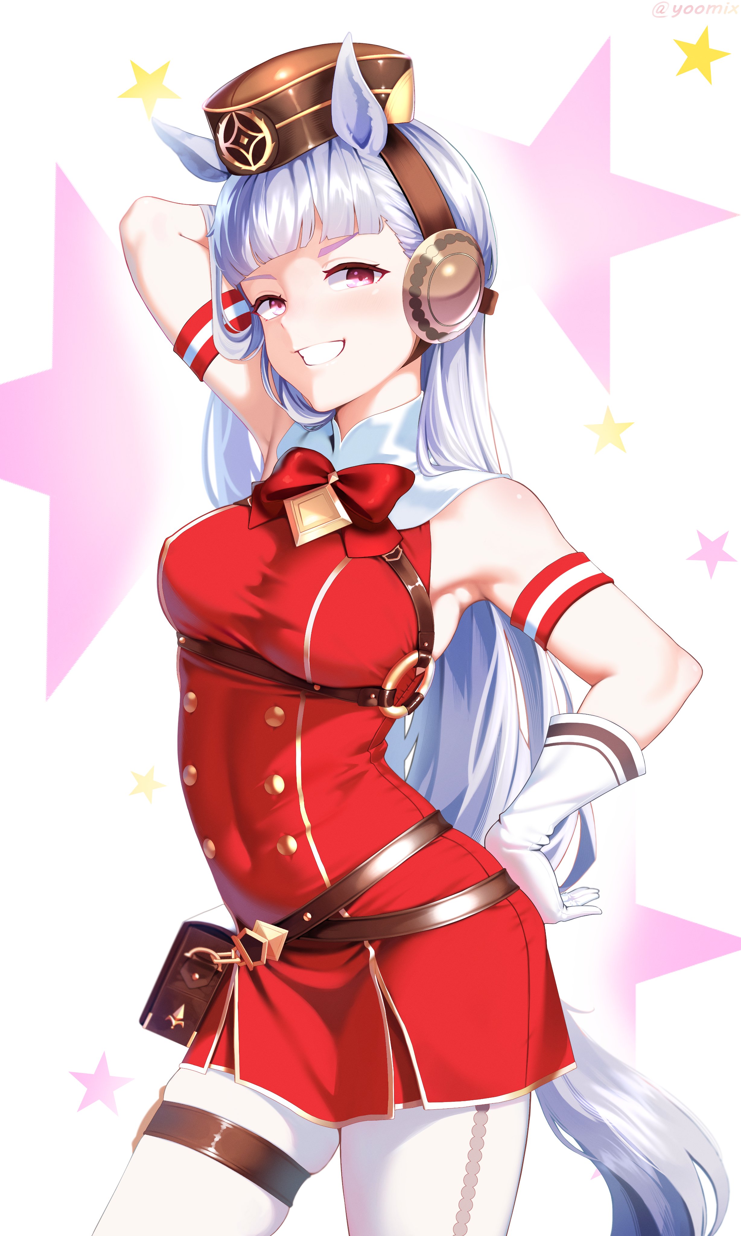 yoomix, gold ship (red strife) (umamusume), gold ship (umamusume), umamusume, absurdres, highres, 1girl, animal ears, arm up, armband, armpits, bare shoulders, belt pouch, blunt bangs, blush, bow, bowtie, breasts, brown hat, dress, ear bow, ear ribbon, gloves, grey hair, hat, horse ears, horse girl, horse tail, large breasts, leggings, long hair, looking at viewer, open mouth, pantyhose, pillbox hat, pouch, purple bow, purple eyes, red armband, red dress, sleeveless, sleeveless dress, smile, solo, star (symbol), striped armband, striped clothes, tail, teeth, thigh strap, white armband, white gloves, white leggings, white pantyhose