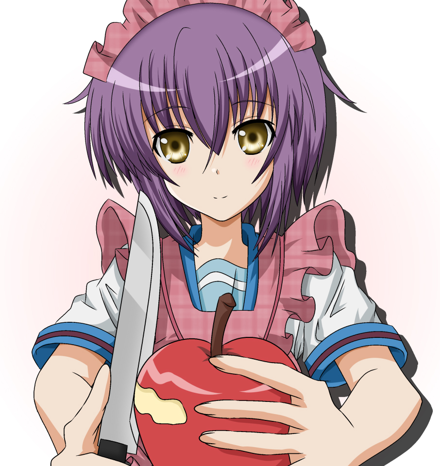 takumi (rozen garten), nagato yuki, suzumiya haruhi no yuuutsu, 00s, 1girl, apple, apron, brown eyes, feeding, female focus, food, fruit, holding, holding food, holding fruit, knife, maid headdress, peeling, pov, pov feeding, purple hair, school uniform, serafuku, short hair, smile, solo