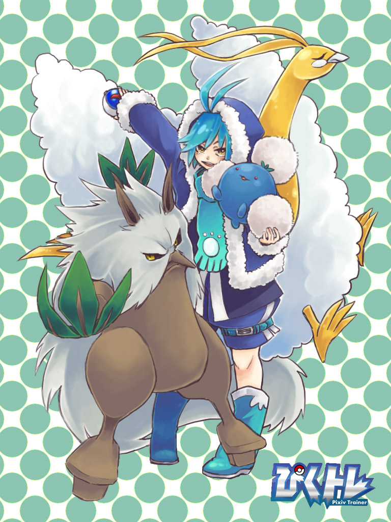 swan (doesu), altaria, jumpluff, shiftry, nintendo, pixiv trainer, pokemon, pokemon gsc, pokemon rse, gender request, 00s, 1990s (style), alternate color, androgynous, blue eyes, blue hair, boots, gen 2 pokemon, gen 3 pokemon, great ball, holding, holding poke ball, hood, hoodie, poke ball, pokemon (creature), retro artstyle, scarf, shiny pokemon, short hair, shorts