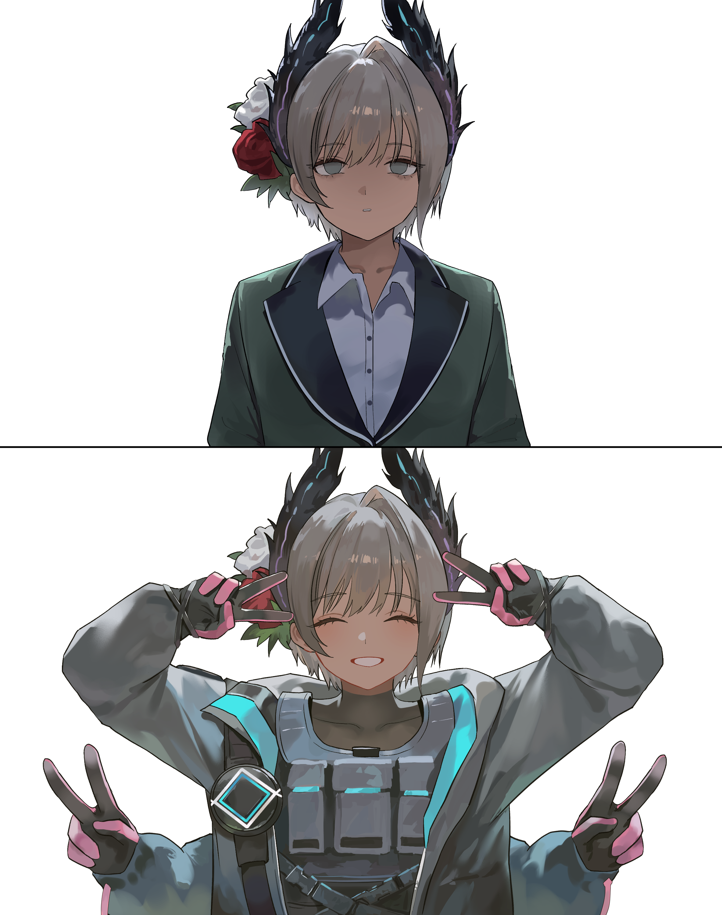 nbee ya, raidian (arknights), arknights, absurdres, commentary, commission, highres, 1girl, alternate costume, aqua jacket, arms up, asymmetrical hair, bird girl, black gloves, black jacket, closed eyes, collarbone, dark-skinned female, dark skin, expressionless, extra arms, flower, gloves, green jacket, grey eyes, grey hair, grin, hair between eyes, hair flower, hair ornament, head wings, jacket, jewelry, load bearing vest, looking at viewer, multiple views, open clothes, open jacket, parted lips, pink gloves, quadruple v, shirt, short hair, simple background, single hair intake, smile, solo, tactical clothes, tail, two-sided gloves, two-tone gloves, upper body, v, white background, white shirt, wings