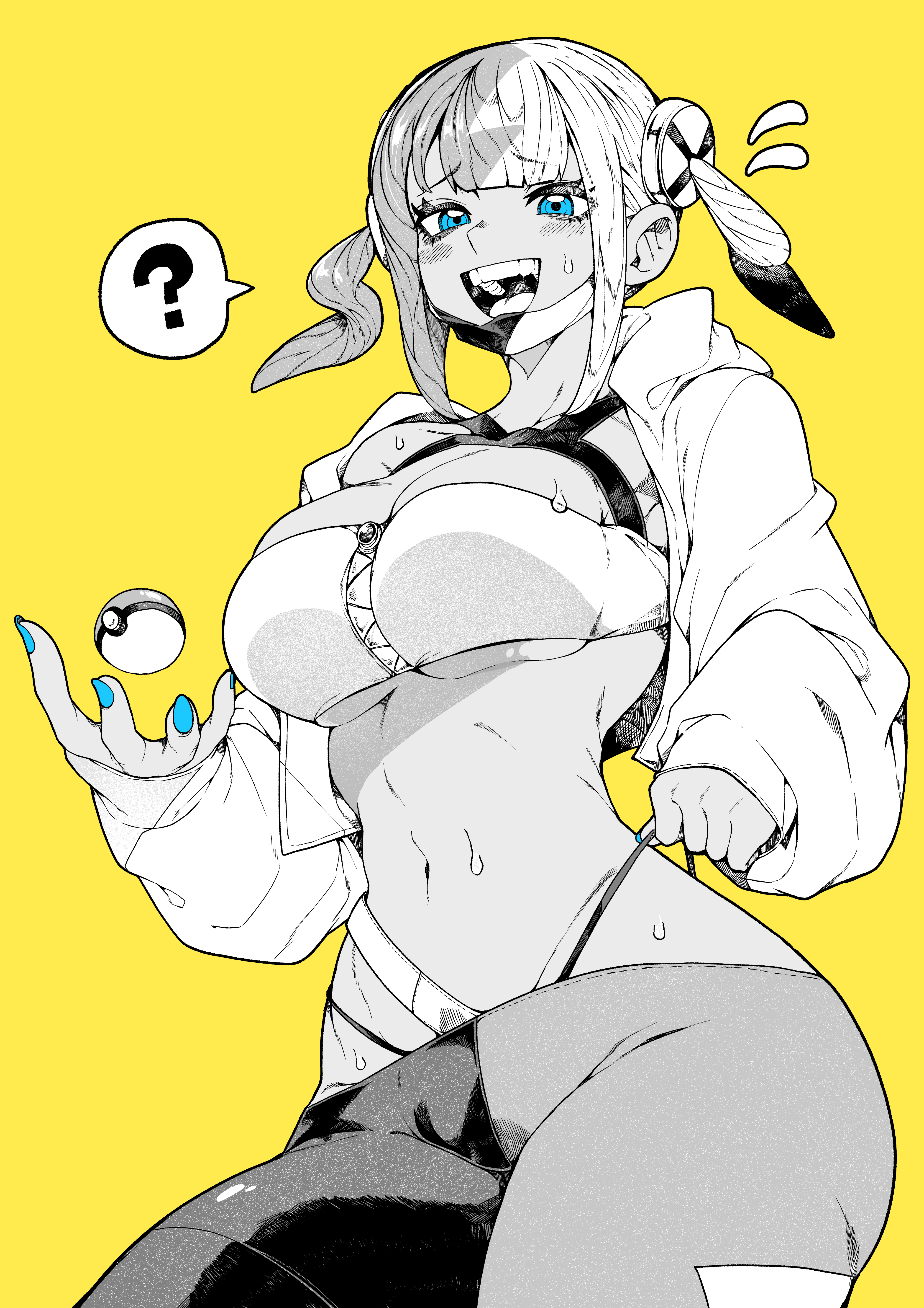 yotsumi shiro, canari (pokemon), nintendo, pokemon, pokemon legends: z-a, absurdres, commentary, highres, 1girl, ?, adjusting clothes, adjusting panties, bandeau, blue nails, blunt bangs, blush, breasts, cleavage, cowboy shot, flying sweatdrops, furrowed brow, greyscale with colored background, hood, hooded jacket, jacket, large breasts, looking at viewer, mask, mask pull, medium hair, mouth mask, multicolored hair, nail polish, navel, open clothes, open jacket, open mouth, panties, pants, panty straps, poke ball, poke ball (basic), sidelocks, simple background, single off shoulder, solo, split-color clothes, split-color hair, spoken question mark, spot color, standing, strap pull, strapless, sweatdrop, teeth, tight clothes, tight pants, tube top, twintails, two-tone hair, two-tone mask, two-tone pants, underwear, yellow background