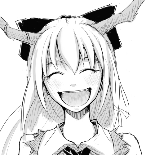 hiro yoshi (goldvalley), ibuki suika, touhou, lowres, 1girl, ^ ^, closed eyes, fangs, female focus, greyscale, happy, horns, laughing, monochrome, solo, upper body, white background