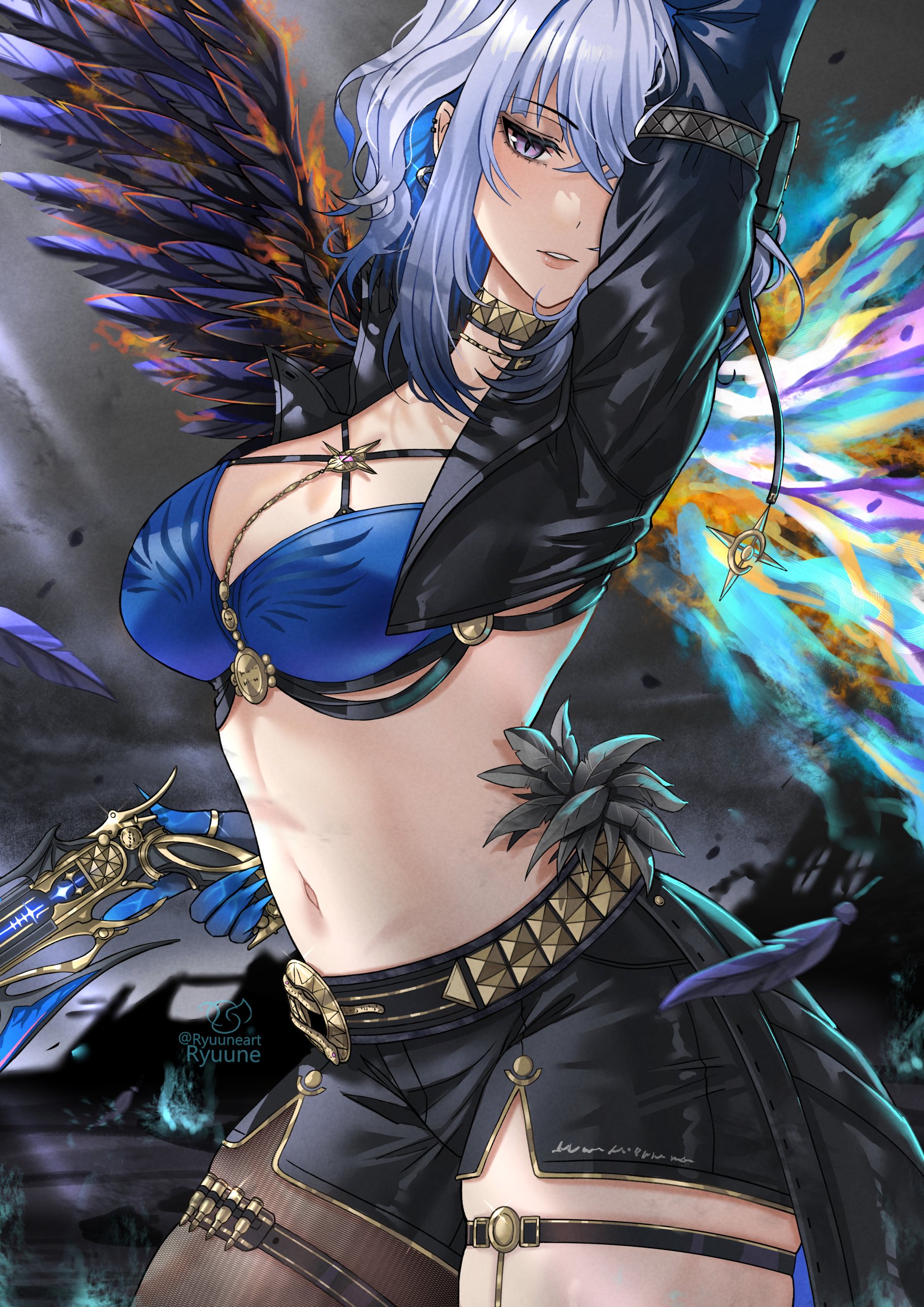 ryuuneart, galbrena (wuthering waves), wuthering waves, absurdres, commentary, highres, 1girl, arm up, asymmetrical wings, black feathers, black jacket, black pantyhose, black shorts, blue bra, blue nails, bra, breasts, cleavage, cowboy shot, cropped jacket, earrings, feathers, fingernails, gold choker, grey hair, gun, hair between eyes, holding, holding gun, holding weapon, jacket, jewelry, medium breasts, medium hair, mismatched wings, navel, pantyhose, parted lips, purple eyes, short shorts, shorts, sidelocks, single leg pantyhose, solo, stomach, thigh strap, thighs, underwear, weapon, wings