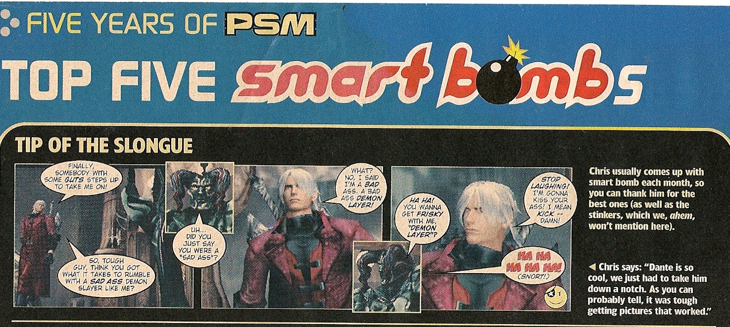 dante (devil may cry), capcom, devil may cry (series), playstation magazine, scan, scan artifacts, 00s, 1boy, copyright name, english text, jacket, male focus, red jacket, speech bubble, text focus, white hair