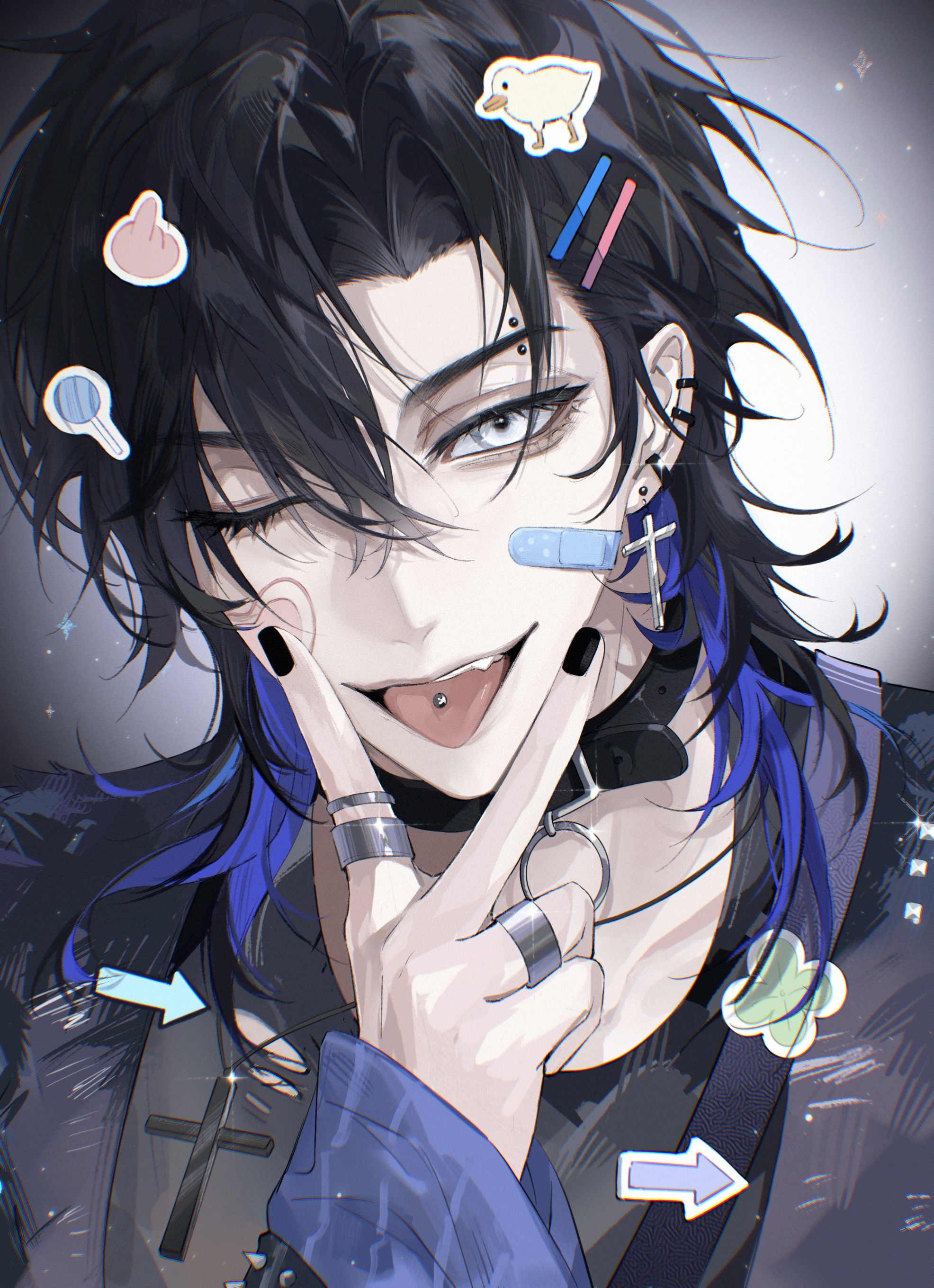 nidexintu, absurdres, chinese commentary, highres, 1boy, ;p, bandaid, bandaid on face, black collar, black hair, black nails, black shirt, blue hair, blue jacket, collar, cross, cross earrings, cross necklace, ear piercing, earrings, eyebrow piercing, eyelashes, face piercing, fang, glint, grey eyes, hair between eyes, hair ornament, hairclip, hand up, jacket, jewelry, long sleeves, looking at viewer, male focus, medium hair, meng renjian, multicolored hair, multiple rings, nail polish, necklace, one eye closed, open mouth, piercing, pointy ears, ring, shirt, sleeves past wrists, smile, solo, spiked collar, spikes, sticker, tongue, tongue out, tongue piercing, torn clothes, upper body, v, yi shuihan