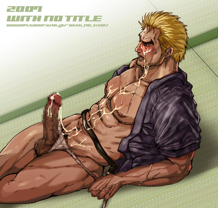 nikku (with no title), mr. karate, ryou sakazaki, ryuuko no ken, snk, the king of fighters, 1boy, blonde hair, blush, censored, fundoshi, japanese clothes, male focus, muscular, penis, pubic hair, solo, testicle hair, underwear