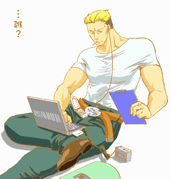 yamazaki ryuuji, fatal fury, real bout fatal fury, snk, the king of fighters, lowres, translation request, 1boy, blonde hair, computer, computer keyboard, earphones, laptop, male focus, real bout, solo